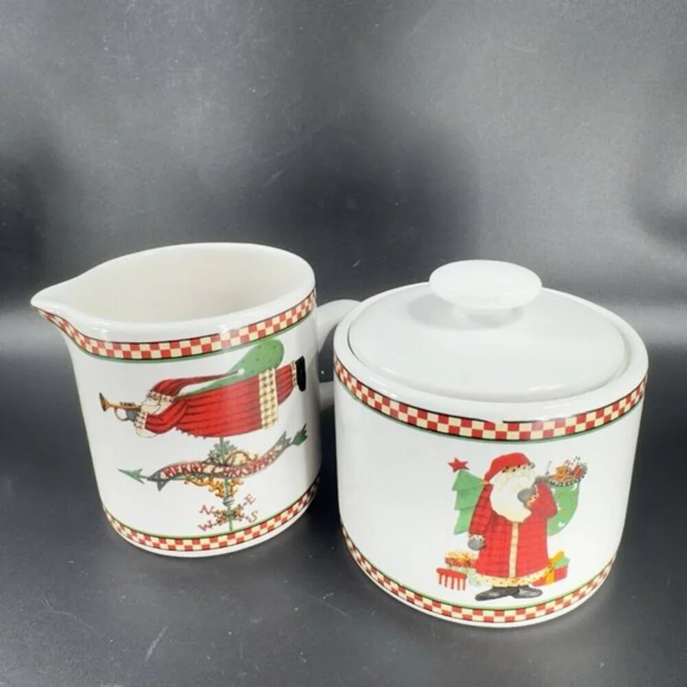 Sakura Magic Of‎ Santa Ceramic Sugar Bowl And Creamer Set Debbie Mumm Stoneware